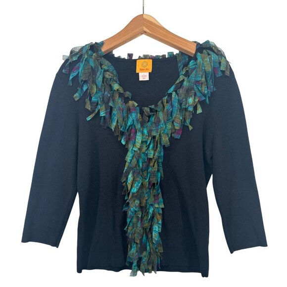 Ruby Rd. Womens Sweater L Teal Fringe V-Neck 3/4-Slv Boho Festival Party Artsy - Picture 1 of 9